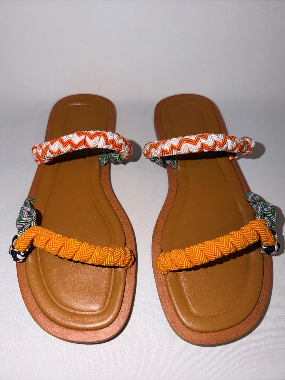 Zara Orange, White & Tan Braided Double-Strap Slide Sandals